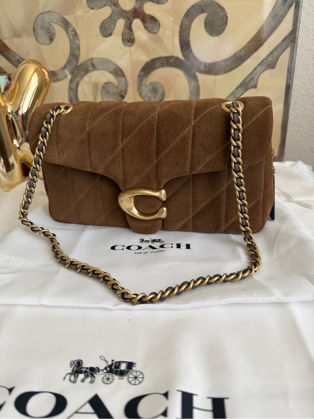 Coach Quilted Tabby 26 Cedar Suede Shoulder Bag with Gold Hardware